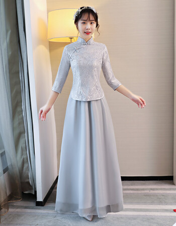 中式伴娘服2018春季新款长款长袖灰色伴娘姐妹裙闺蜜婚礼复古礼服