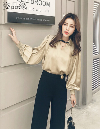 春装新款时尚气质v领衬衫女韩版宽松显瘦百搭上衣套头衬衣潮 香槟色 s