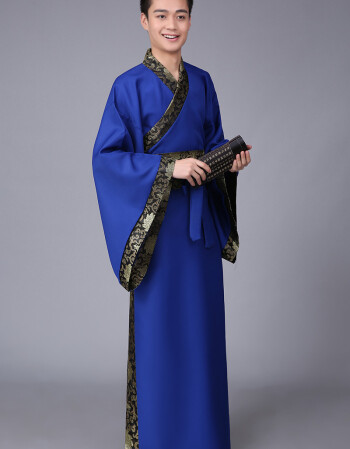 古装古代服装汉服男男士曲裾书生 大臣黑色三国直裾深衣qss 蓝色黄边