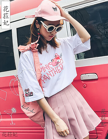 花菈妃夏季个性t恤高中初中生女生短袖韩版学生粉红豹夏天衣服丽原宿