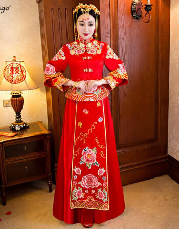 新款立领盘扣龙凤褂新娘刺绣秀禾服红色中式新娘婚纱复古唐装礼服