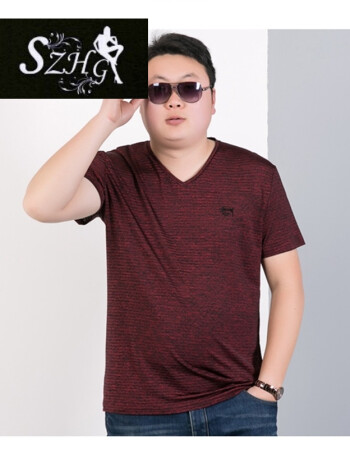 szhgnobt恤男中年加肥加大码v领条纹半袖潮胖子大肚子