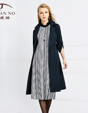 jan an no/简爱诺春秋蓝色修身干练长款风衣外套女j770027fy