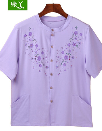 绿丫妈妈装纯棉开衫中老年人女夏装奶奶加肥大码衣服夏季短袖上衣 雪