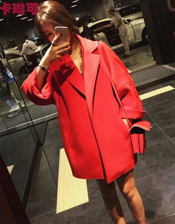 卡琳可毛呢大衣女韩版冬季茧型中长款毛呢外套 红色 M