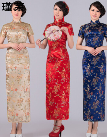 瑾苿 中国风传统织锦缎斜襟改良旗袍表演服夏季女士酒店迎宾礼仪服装