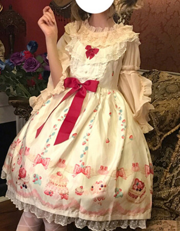 高腰jsk草莓柄印花连衣裙lolita蝴蝶结蕾丝花边吊带裙