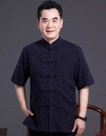 夏装新款唐装男短袖中老年亚麻半袖盘扣中国风爸爸装棉麻衬衫男 蓝色