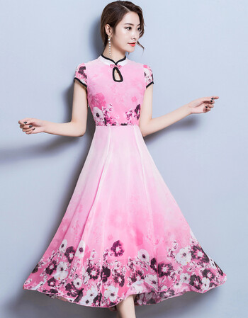 2018夏季修身印花复古立领连衣裙显瘦大摆气质沙滩裙雪纺长裙yd 粉红