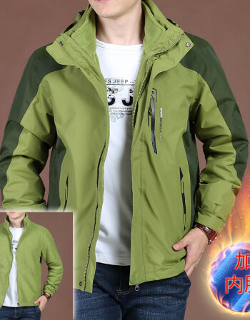 男士加内胆冲锋夹克衫男2018冬季时尚多袋工装纯色两件套茄克 绿色