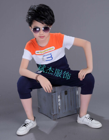 4-10岁男童夏装5短袖9小孩衣服 6男孩穿的8夏天儿童7运动短裤套装 桔