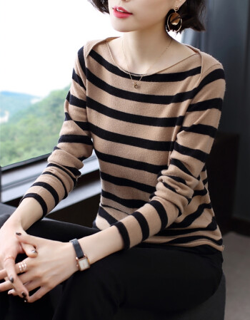 羊毛衫女2018秋装新款女装韩版长袖毛衣初秋薄款条纹宽松针织衫 焦糖