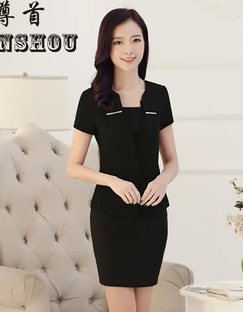 尊首 职业酒店前台空姐工作制服女珠宝店房地产售楼短袖工正装3件套裙