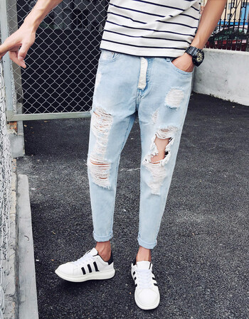 美其服饰2016夏季韩版潮流休闲小脚裤子日系复破洞牛仔九分裤港仔潮男