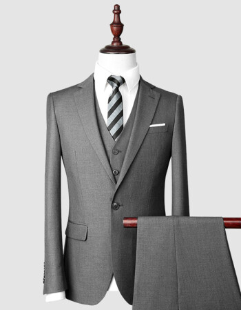 罗蒙西装男套装修身韩版婚礼西服男正装商务职业装西装三件套灰色