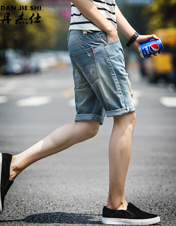 丹杰仕男士牛仔短裤男夏季新款破洞牛仔短裤男士五分牛仔裤浅色夏装