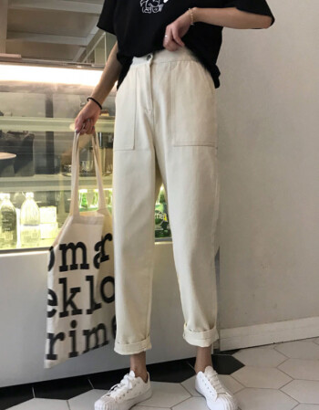 2018新款韩版松紧腰九分裤牛仔裤宽松高腰显瘦阔腿裤女秋季裤子潮 米