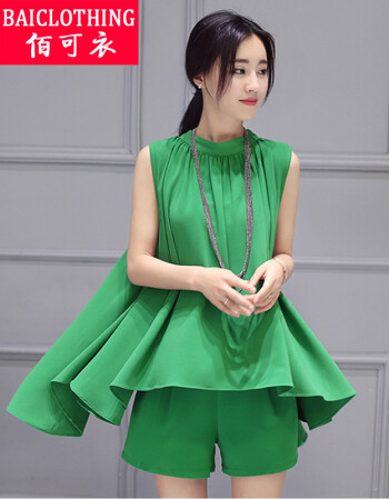 两件套装韩版宽松休闲时尚显瘦百褶不规则大摆上衣623 绿色(不配项链)