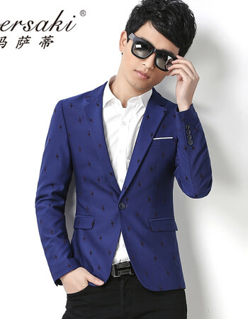 玛萨蒂品牌男装 2016新款百搭便西服 韩版修身青年男士印花西装外套