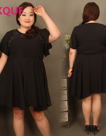 vkque2016新款大码女装胖妹妹胖妞雪纺显瘦黑色气质ol长裙连衣裙女