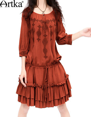 artka阿卡 秋装女叶塞尼亚民族刺绣收腰荷叶摆宽松连衣裙 铁锈红 均码