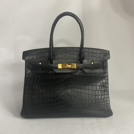 【二手95新】爱马仕(hermes)birkin30铂金包鳄鱼皮女士手提包 黑金