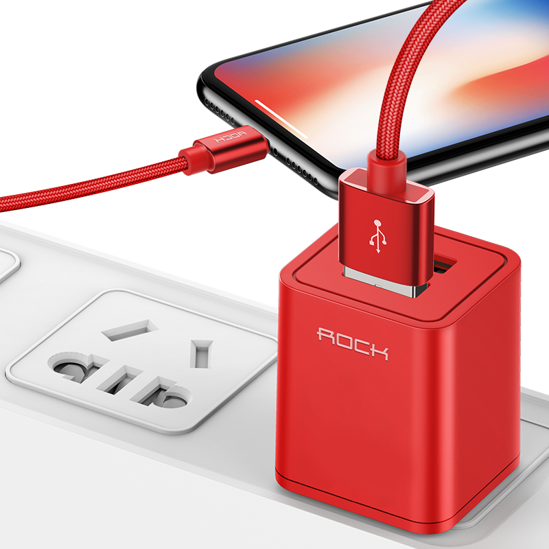 洛克（ROCK）苹果充电器套装 苹果数据线+iPhoneXS/max/XR/X/8Plus/7/6s安卓华为手机平板2A快充插头 双口红
