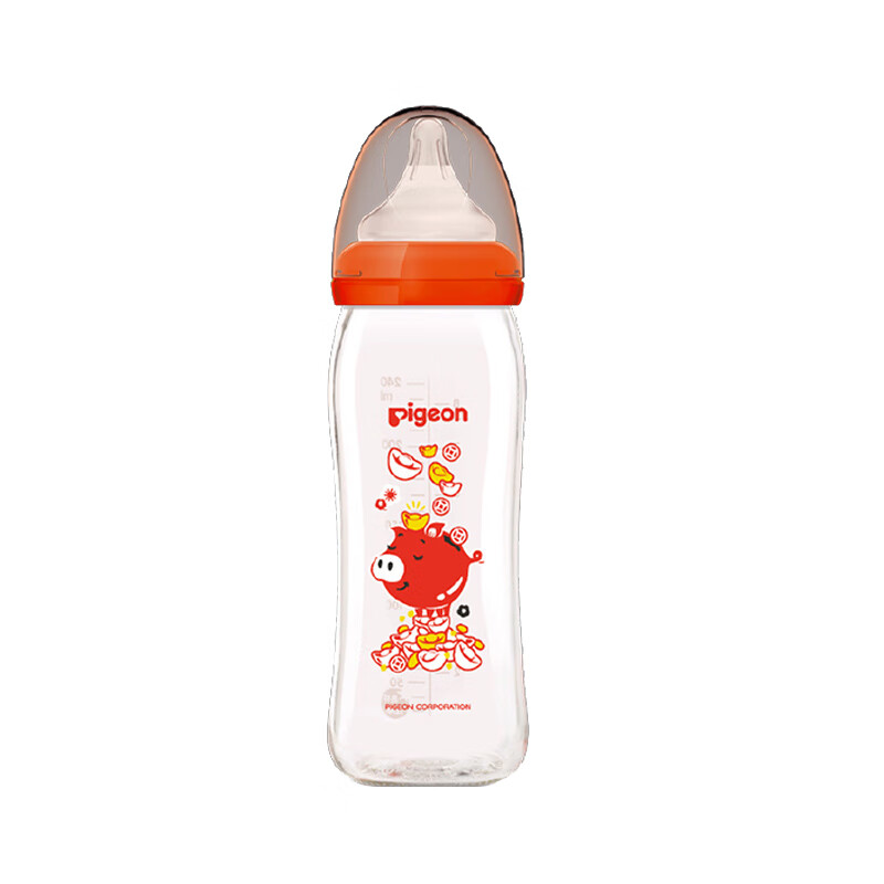 贝亲(Pigeon) 玻璃奶瓶 宽口径奶瓶240ml 彩绘奶瓶 自然实感M码宽口奶嘴 猪年限量版（红色）PL353