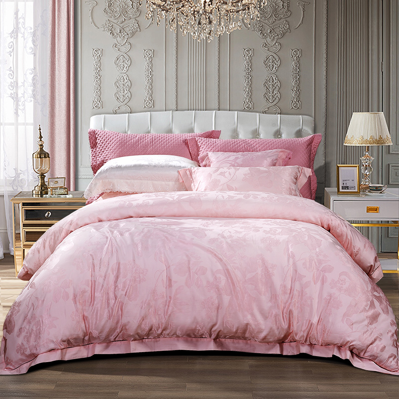 富安娜家纺 床上用品四件套欧式提花床品套件床单被套 高档单双人罗纳河上的星夜1米8/1米5床(230*229cm)粉色