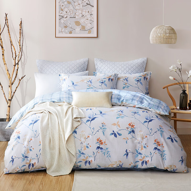 博洋家纺(BEYOND) 床上用品 纯棉床单被套全棉四件套 双人纯棉斜纹被套床单-木槿花音1.5米床
