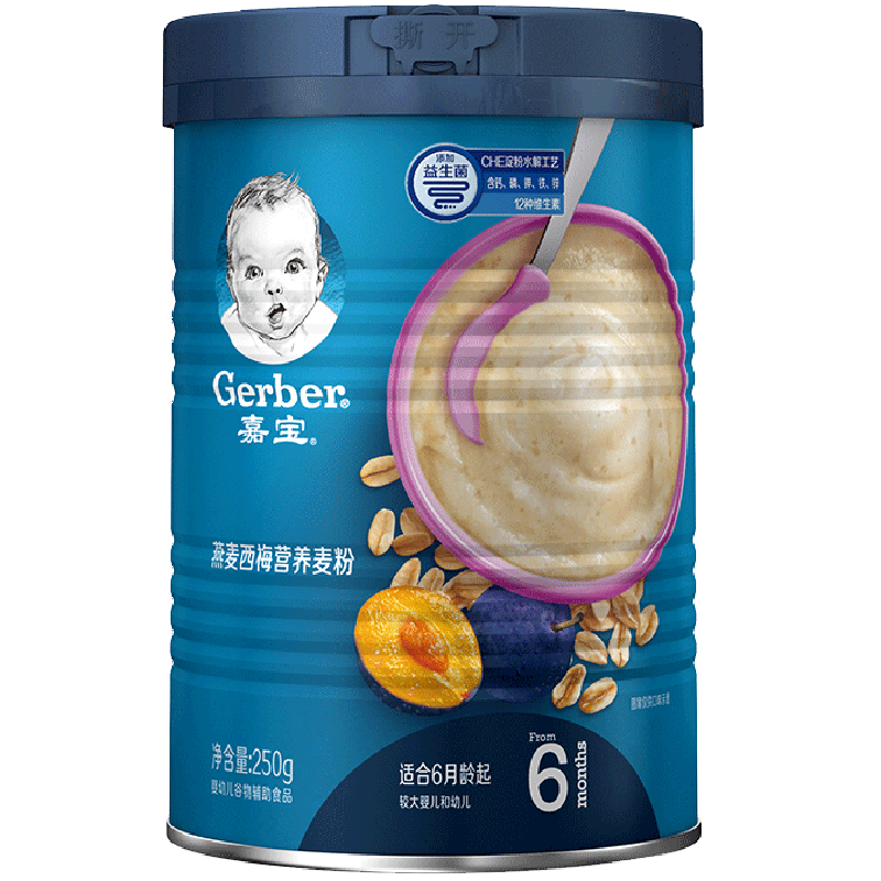 嘉宝(Gerber)婴儿辅食 燕麦西梅味 宝宝米粉米糊2段225g(6个月至36个月适用)