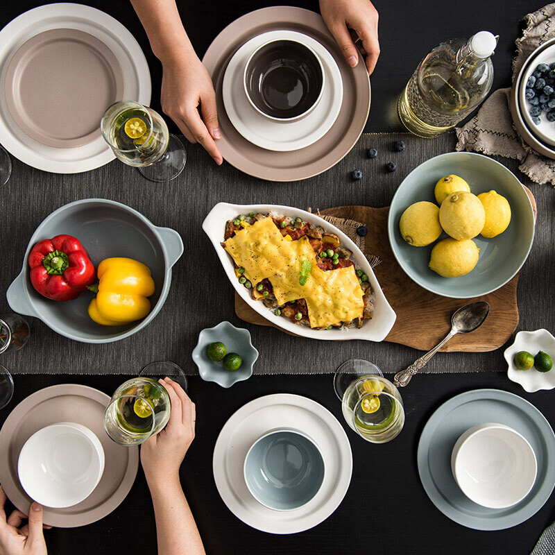 亿嘉IJARL 陶瓷餐具碗碟套装北欧46件套盘子勺碗筷微波炉礼盒礼品 曼哈顿双耳碗版