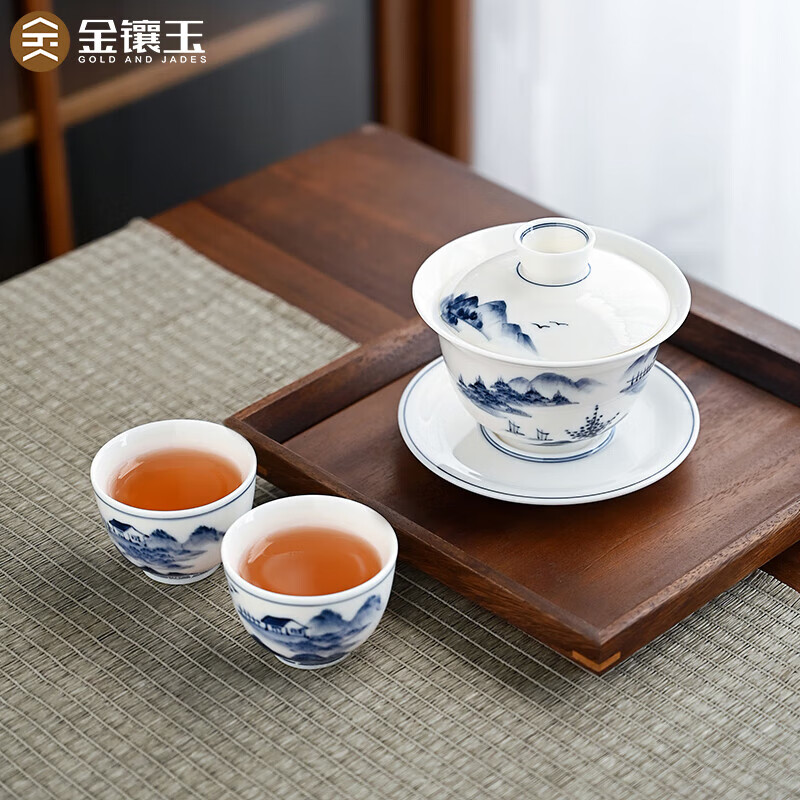 金镶玉盖碗茶具功夫茶杯套装 羊脂玉陶瓷手绘山水家用简约 依山傍水三件 