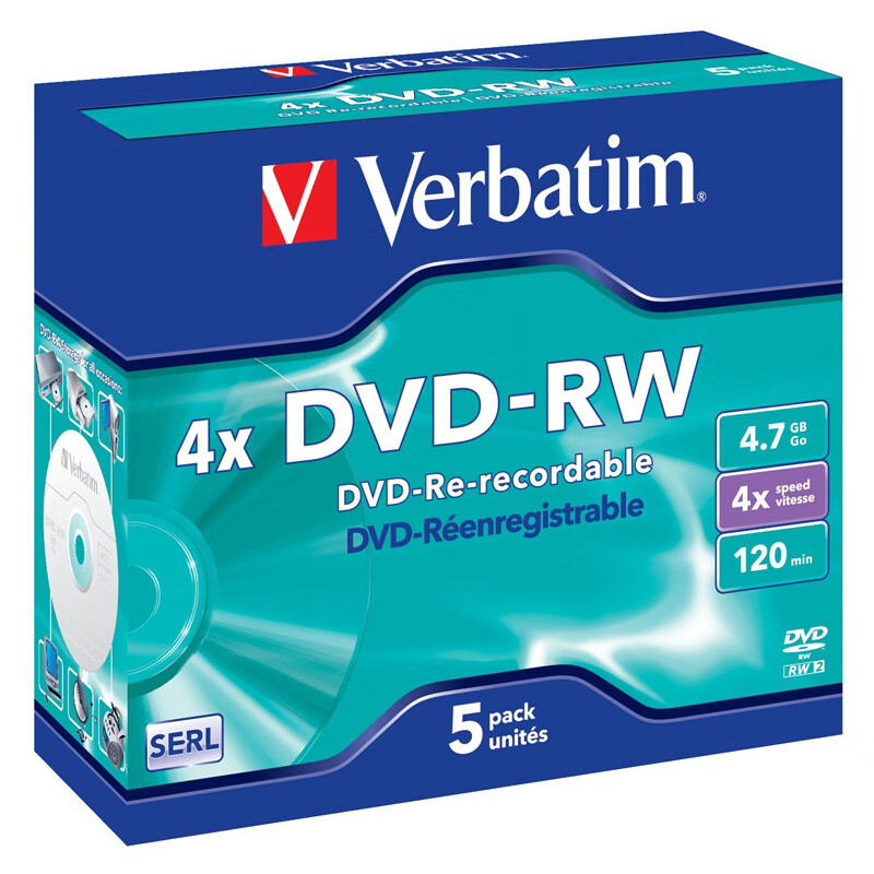 威宝（Verbatim）DVD-RW 光盘/刻录盘 4速4.7GB 单片盒装5片 可重复擦写空白光盘 43285 DVD-RW可擦写