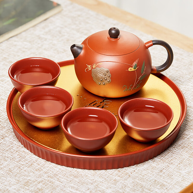 尊壶紫砂壶茶具套装带茶盘整套茶具 泥绘西施壶一壶4杯带茶盘 