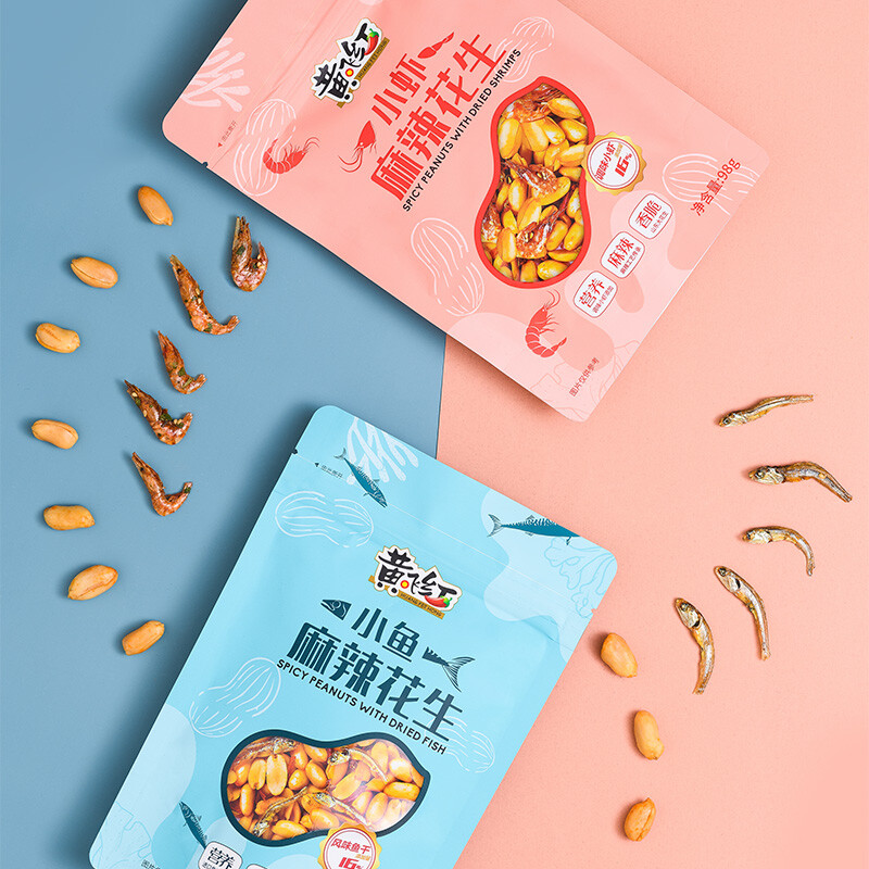黄飞红 麻辣小鱼干花生98g+小虾干花生98g 休闲零食小吃下酒菜花生米