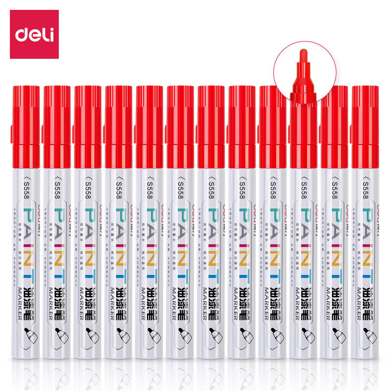 得力（deli）S558 型油漆笔补漆笔记号笔轮胎笔签到笔相册涂鸦笔 红色12支 