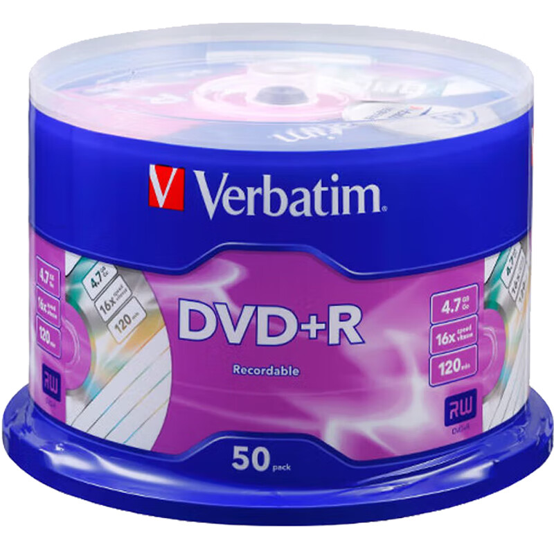 威宝（Verbatim）DVD+R 光盘/刻录盘 16速4.7GB 雾银素面  桶装50片 空白光盘 台产 97174 DVD+R 50片桶装