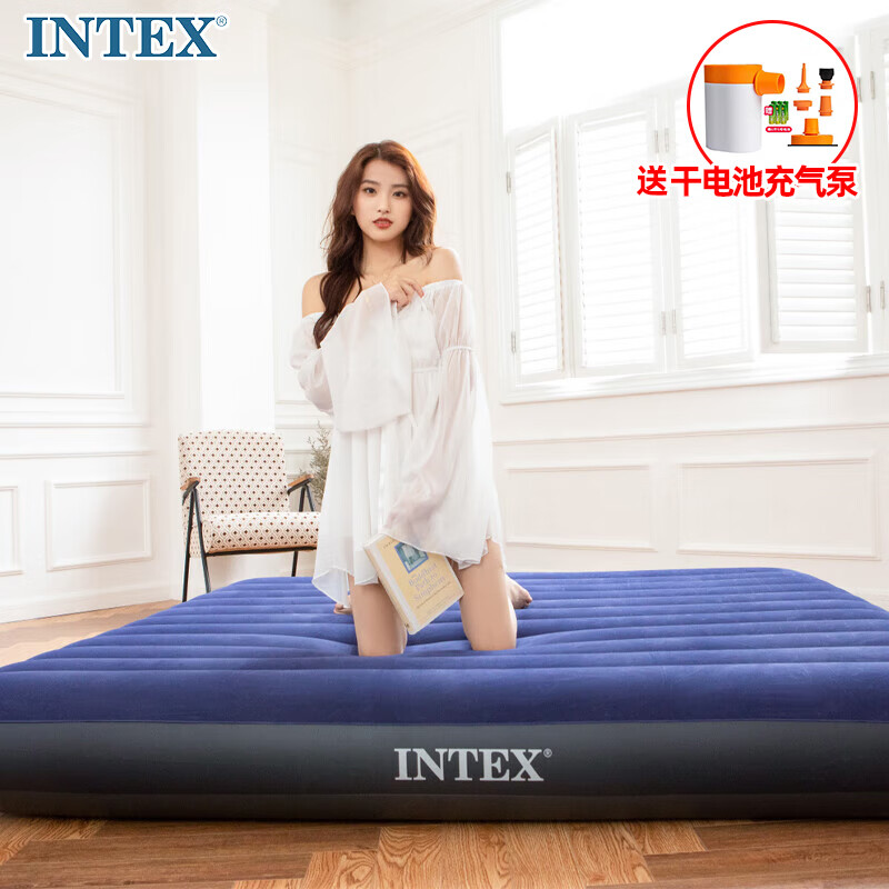 INTEX 64755特大三人充气玩具床 家用午休床户外帐篷折叠床 N 183*203*25CM三人床送干电池泵
