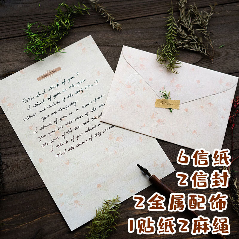 狮洛德【全网低价】 信封信纸套装B5表白信笺学生手写情书小清新6信纸2信封含封口贴（花印） 花印信封信纸带麻绳配饰