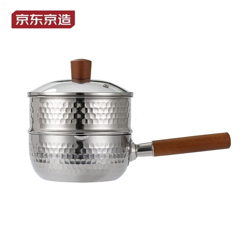 京东京造锤纹不锈钢小奶锅 雪平锅蒸锅汤锅婴儿辅食锅 带盖带蒸屉18cm 赠蒸格 雪平奶锅 18cm 