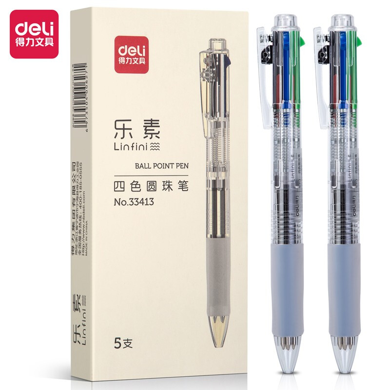 得力(deli)多功能4色圆珠笔 0.7mm子弹头按动笔原子笔中油笔 (黑红蓝绿) 5支/盒DL-33413 无印风  5支