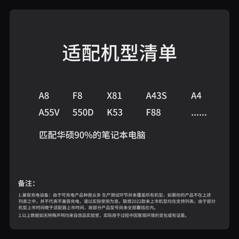 悠品 华硕笔记本电脑充电器A43S A55V K550D K53适用联想神舟海尔19V4.74A电源适配器线90W 5.5*2.5