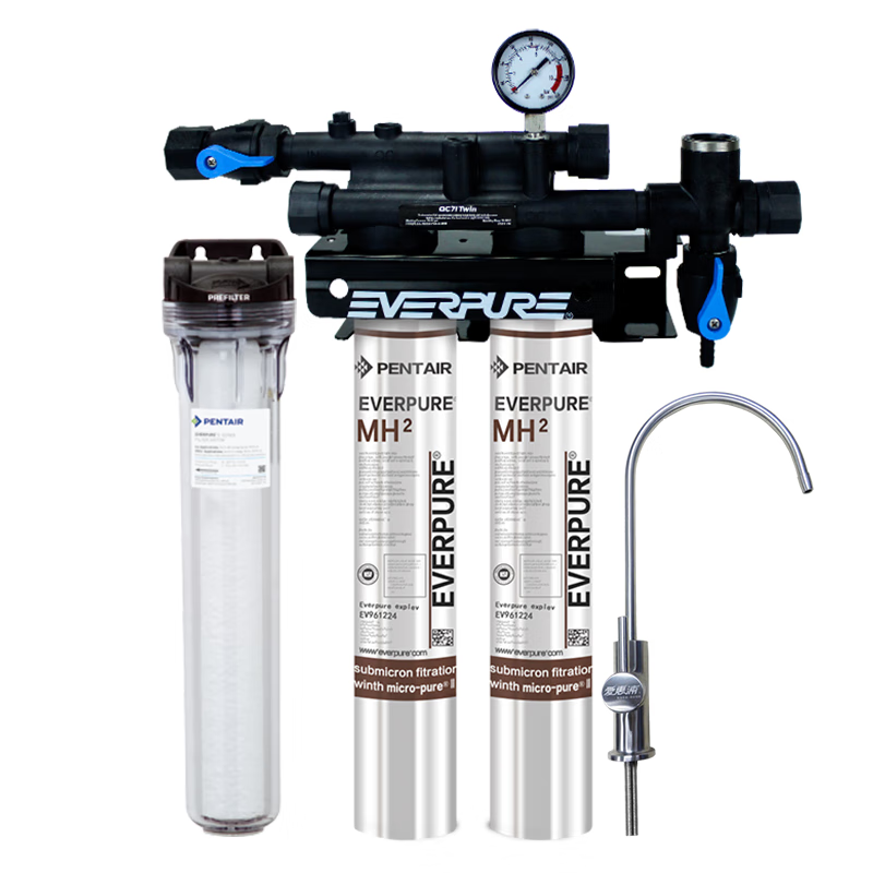 爱惠浦（Everpure）厨房餐饮现调用水 即滤即饮0电0废水 3升/分钟 3000L制水量商用净水器Twin MH2-Plus MH2双联