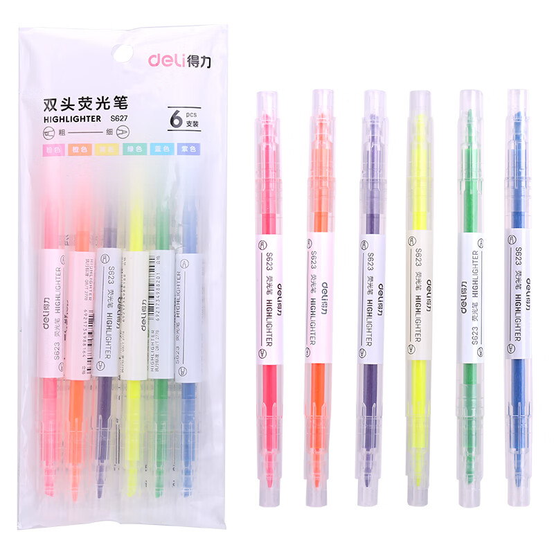 得力（deli）S627 6色双头荧光笔 醒目标记笔 手帐可用水性记号笔 大包装 30支装 
