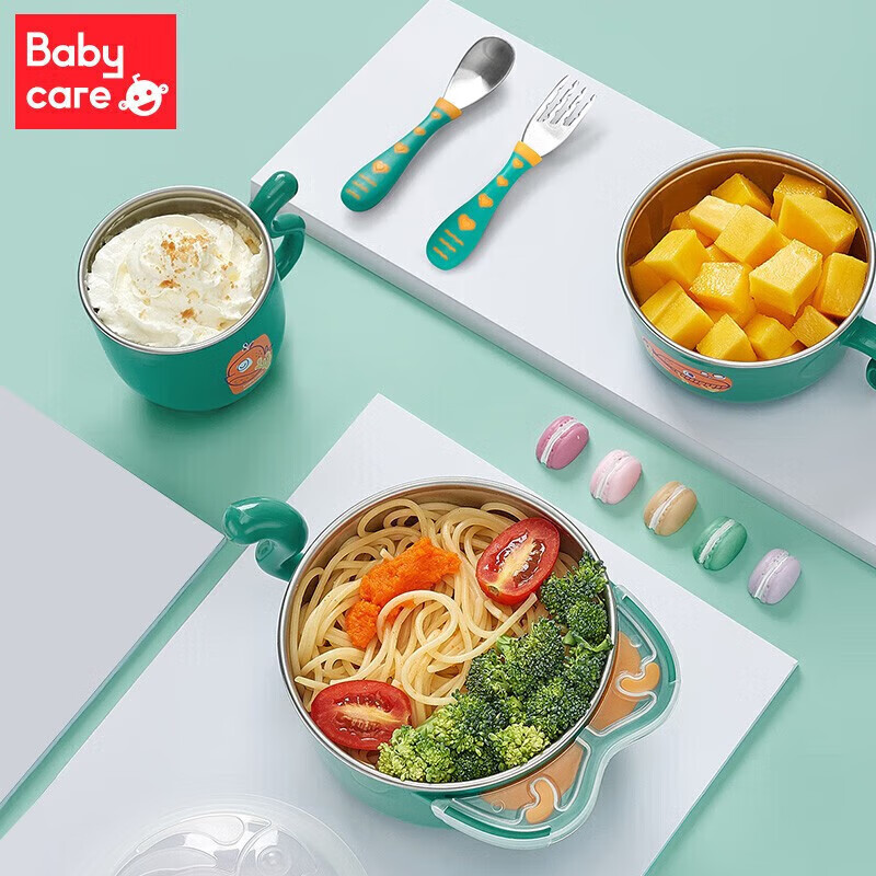 bc babycare宝宝保温碗不锈钢碗婴儿辅食碗儿童碗勺套装 -雀湖绿 餐具五件套 雀湖绿五件套