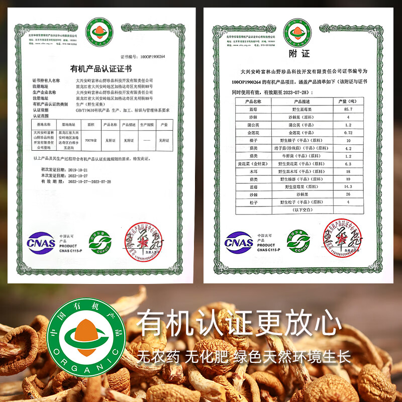 永富有机野生榛蘑200g+黄蘑200g礼盒东北大兴安岭特产火锅食材 端午节 有机 榛蘑黄蘑礼盒400g