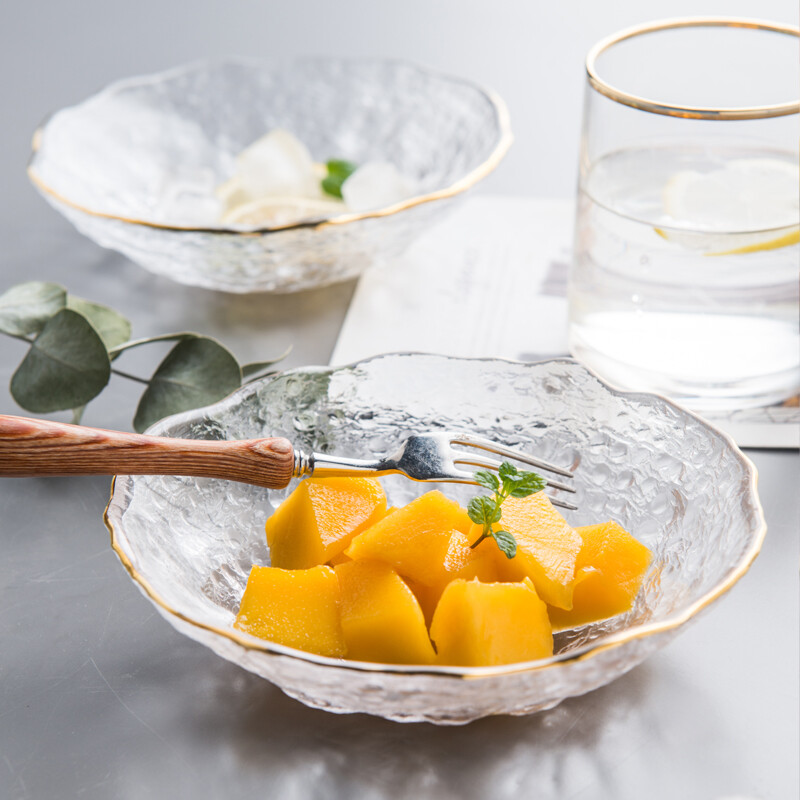 亿嘉（IJARL）玻璃水果盘日式甜品盘干果盘沙拉盘家用零食盘冰花盘 小号两只装 金边透明玻璃冰花盘2个
