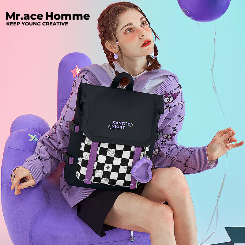 Mr.ace Homme星月城堡 原创双肩包女高级感小众背包大容量学生书包 棋盘格黑 棋盘格黑