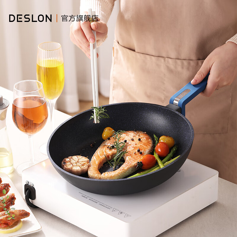 德世朗（DESLON）蓝鲨煎锅平底不粘锅家用无油烟麦饭石燃气灶电磁炉不沾炒菜锅 蓝鲨【国标1级不粘】 28cm